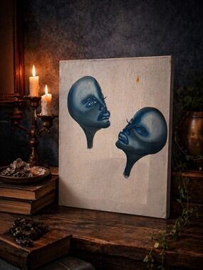 Abstract Acrylic Blue Faces Original Art Painting on Canvas 12x16in Surrealism